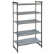 A grey metal Cambro Camshelving® Basics stationary starter unit with 4 vented shelves and 1 solid shelf.