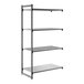 A metal shelving unit with three vented shelves and one solid shelf, designed for storage and organization.