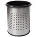 A silver stainless steel round trash receptacle with a black liner.