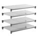 A set of four solid rectangular metal shelving units with corner supports.