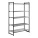 A tall, black stationary shelving unit with four vented shelves and one solid shelf.