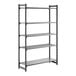 A tall, black stationary shelving unit with four vented shelves and one solid shelf.