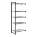 A tall, gray shelving unit with four vented shelves and one solid shelf.