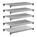 A set of five shelving units, including four vented shelves and one solid shelf, designed for modular storage.