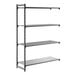 A black metal shelving unit with three vented shelves and one solid shelf.