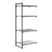A tall, black shelving unit with four shelves, including three vented shelves and one solid shelf.