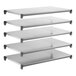 A set of five solid rectangular metal shelving units for storage or organization.