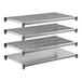 A metal shelving kit featuring one solid shelf and three vented shelves.