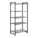 A tall, black stationary shelving unit with four vented shelves and one solid shelf.