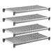 A set of four vented plastic shelving units designed for modular storage.