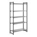 A tall, black stationary shelving unit with four vented shelves and one solid shelf.