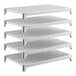 A set of five vented plastic shelving units designed for modular storage.