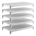 A set of five vented plastic shelving units designed for modular storage.