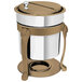 A stainless steel Lion Head soup marmite with bronze accents and fuel holder.
