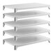 A set of five solid white shelving units designed for storage and organization.