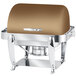 An Eastern Tabletop bronze coated stainless steel rectangular roll top chafer with a brown lid on a table.