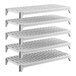 A set of five vented plastic shelving units designed for modular storage.