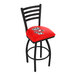 A black metal swivel bar stool with a ladder back and a red padded seat featuring the University of Wisconsin mascot.
