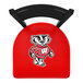 A red padded swivel stool with a black ladder back and the University of Wisconsin mascot on the seat.