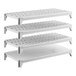 A set of four white shelving units, including three vented shelves and one solid shelf, designed for modular storage.