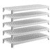 A set of five vented plastic shelving units designed for modular storage.