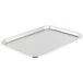 A close-up of a rectangular stainless steel Vollrath serving tray with a silver finish.