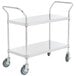 A Regency stainless steel two shelf utility cart with black wheels.