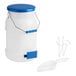 A 5-gallon white polypropylene ice tote kit with a blue lid, metal handle, 12 oz. scoop, scoop holder, and mounting bracket.