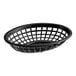 A black plastic Tablecraft oval basket with holes on a white background.