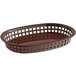 A brown Tablecraft oval platter basket with a lattice design.