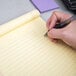 A hand holding a pen over a yellow lined paper.