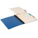 A blue Pendaflex file folder with a fastener on white paper with tabs.