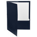 A navy blue Oxford 2-pocket folder with a white high gloss laminated cover.