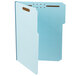 A blue rectangular file folder with two brown fasteners.