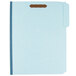 A blue file folder with brown tabs and two fasteners.