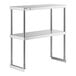 A Regency stainless steel table mounted double deck overshelf with metal legs and shelves.