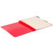 A red Pendaflex file folder with white paper inside.