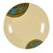 A beige melamine plate with blue and brown designs.