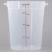 A Cambro translucent plastic food storage container with red measurements.