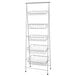A silver metal rectangular 5-tier wire basket stand.
