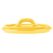 A yellow Bon Chef porcelain lid with a handle.