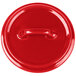 A red Bon Chef porcelain lid with a handle.