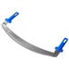 A large curved metal pizza rocker knife with blue polymer handles.