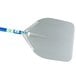 A silver pizza peel with a blue handle.