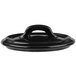 A close-up of a black Bon Chef porcelain cocotte lid with a handle.