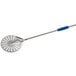 A silver stainless steel pizza peel with a blue handle.