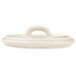 A white porcelain oval lid with a handle.