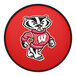 A round red bar stool seat featuring the University of Wisconsin mascot logo in the center.
