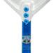 A blue and white anodized aluminum pizza peel with three square holes.
