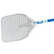 A silver and blue anodized aluminum pizza peel with a long handle.